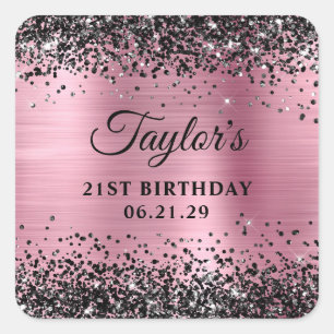 Sticker Carré Anniversaire 21 ans en feuille rose et paillettes 