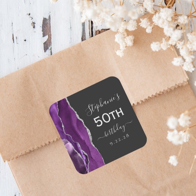 Sticker Carré Anniversaire 50 ans Agate Violet Argent Foncé (Créateur téléchargé)