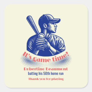 Sticker Carré Anniversaire 50 ans Homme Joueur de Baseball Bleu 