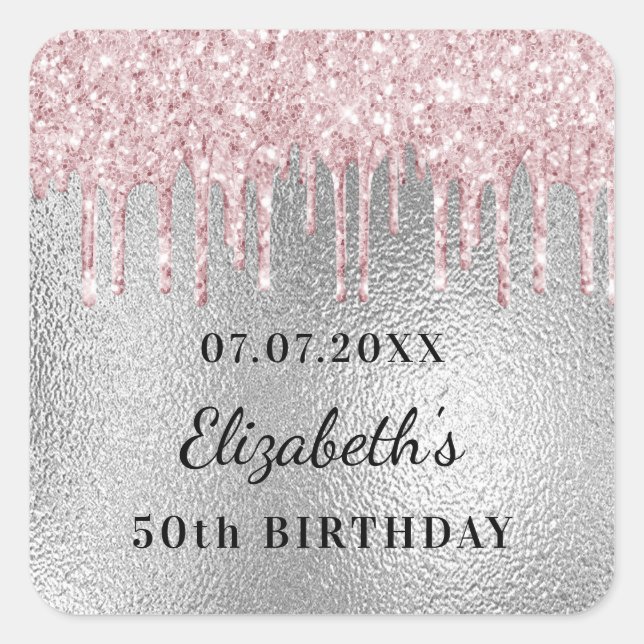 Sticker Carré Anniversaire argent rose parties scintillant nom g (Devant)