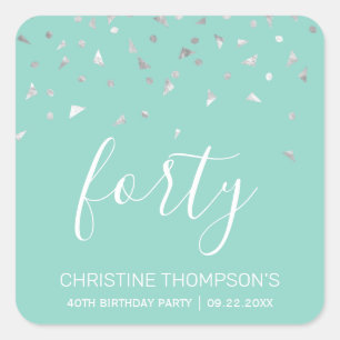Sticker Carré Anniversaire chic 40 ans vert menthe argent confet