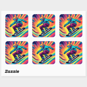 Sticker Carré Anniversaire d'ado snowboardeur psychédélique groo