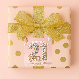 Sticker Carré Anniversaire de 21 ans rose poudré et perles dorée