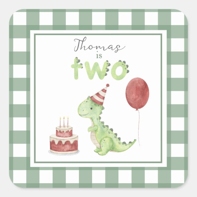 Sticker Carré Anniversaire de deux-Rex de dinosaure à l'aquarell (Devant)