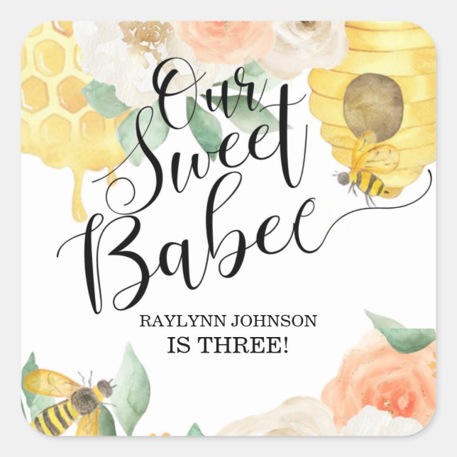 Sticker Carré Anniversaire de enfant, Abeille de miel, Plaque pa (Devant)