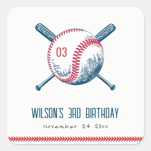 Sticker Carré Anniversaire de enfant de baseball rouge de la Mar (Devant)