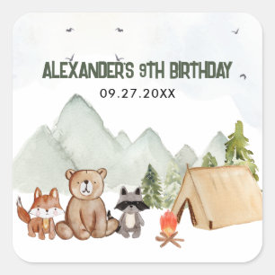 Sticker Carré Anniversaire de enfant de camping moderne Woodland