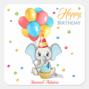 Sticker Carré Anniversaire de enfant de dessin coloré d'éléph
