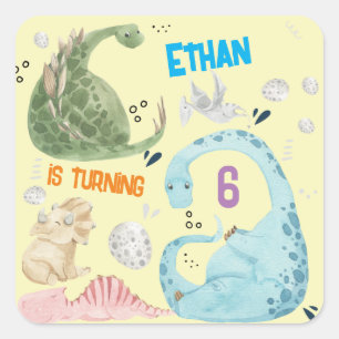 Sticker Carré Anniversaire de enfant de la fête Dino Watercolor