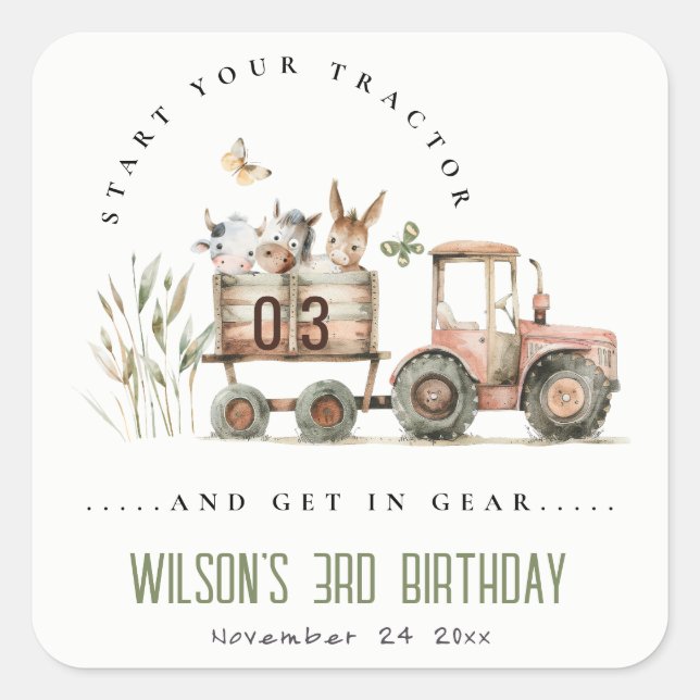 Sticker Carré Anniversaire de enfant de tracteur pour animaux de (Devant)