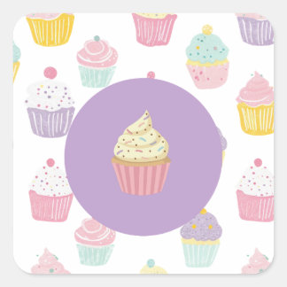 Sticker Carré anniversaire de enfant fête cupcake pastel motif