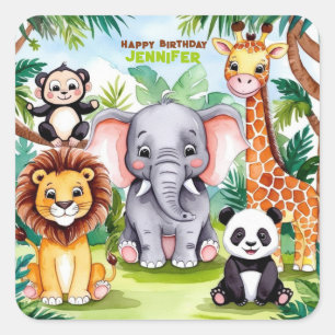 Sticker Carré Anniversaire de enfant Party Cute Animaux Safari J