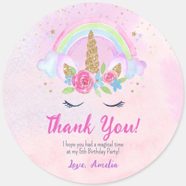 Sticker Carré Anniversaire de la licorne arc-en-ciel magique (Pink Magical Unicorn Rainbow Circle Thank You Label Stickers)