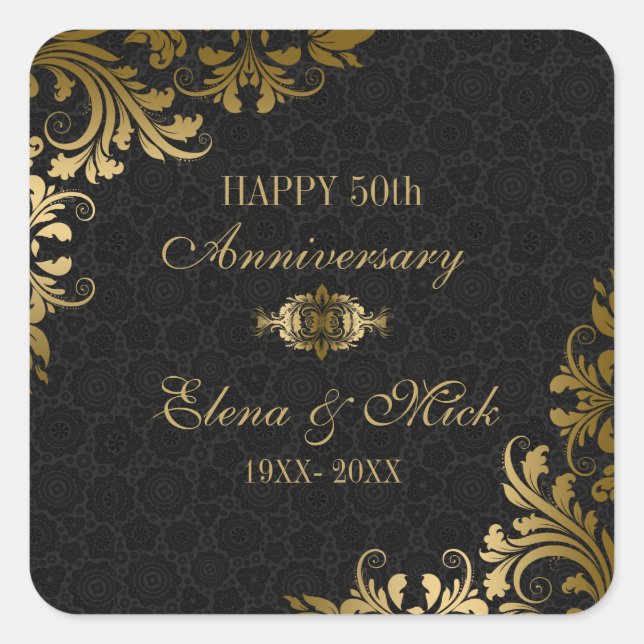 Sticker Carré Anniversaire de l'or - Black Damask Gold Swirls (Devant)