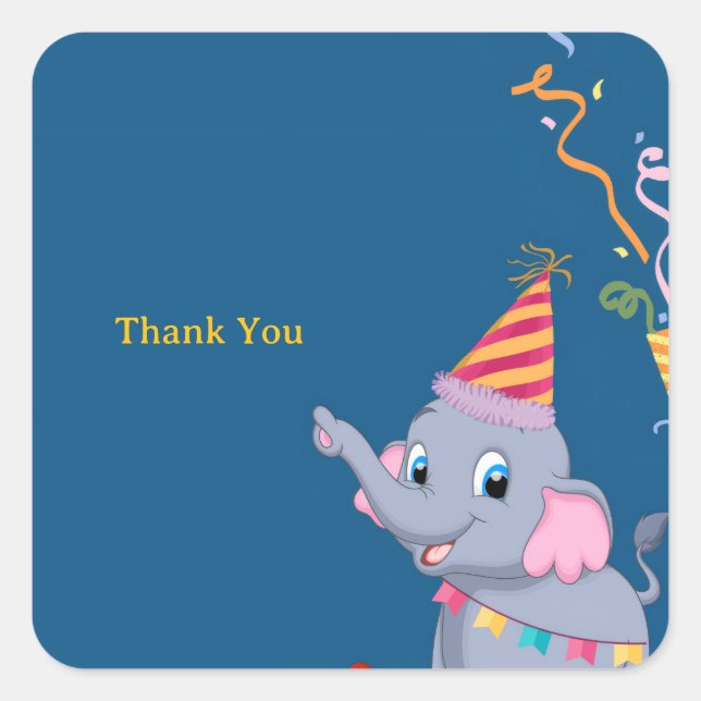 Sticker Carré Anniversaire d'Éléphant Mignon (Devant)