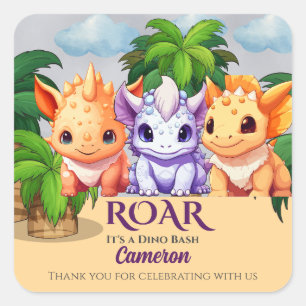 Sticker Carré Anniversaire Dinosaure Party a Dino Bash N'importe