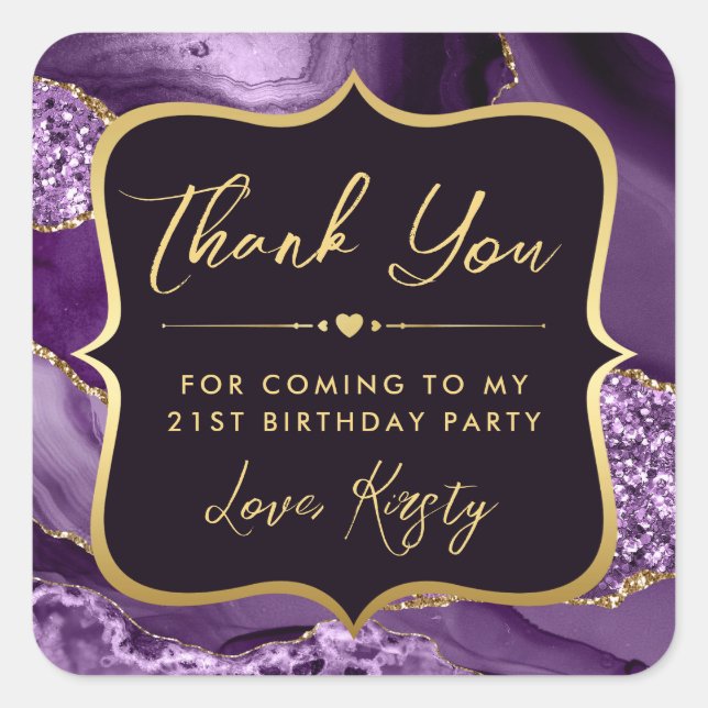 Sticker Carré Anniversaire Élégant Agate Violet et Doré (Devant)