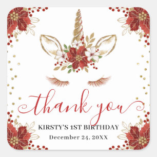 Sticker Carré Anniversaire Enfants Licorne Poinsettia d'Hiver