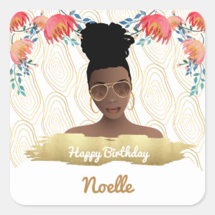 Sticker Carré Anniversaire, Femme Noire, Fleurs Whimsical Or