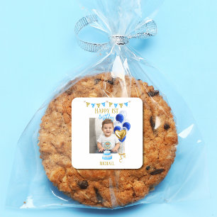 Sticker Carré Anniversaire Garçon 1 an Photo Ballon Bleu Or Mign