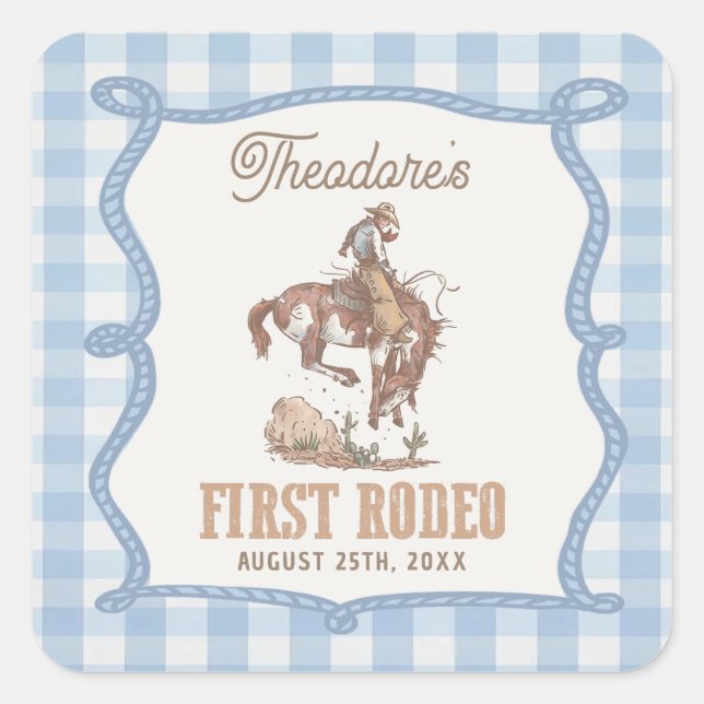 Sticker Carré Anniversaire Gingham de Premier Rodéo de Cowboy  (Devant)