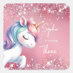 Sticker Carré Anniversaire Licorne Arc-en-Ciel Paillettes Roses