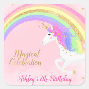 Sticker Carré Anniversaire magique de l'Unicorne Gold Rainbow