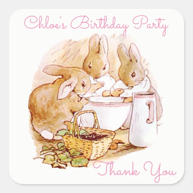 Sticker Carré Anniversaire, Party Beatrix Potter, Custom (Devant)
