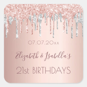 Sticker Carré Anniversaire rose or argent parties scintillant de