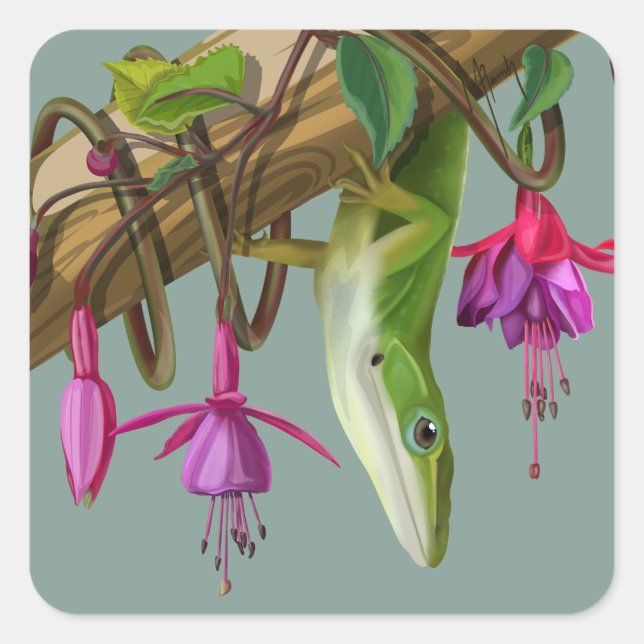 Sticker Carré Anolis vert avec fuchsias  (Devant)