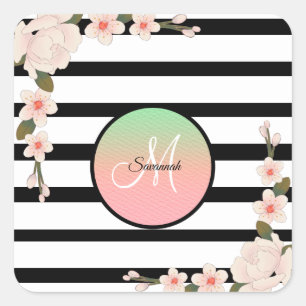 Sticker Carré Antique Peony rose et bande de charbon