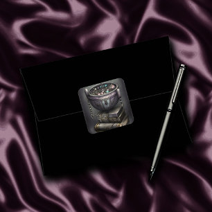 Sticker Carré Antique Steampunk Cauldron   Pile de Spellbooks