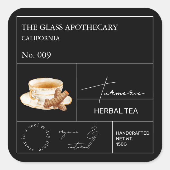 Sticker Carré Apothecary Turmeric Herbal Tea  Label (Devant)