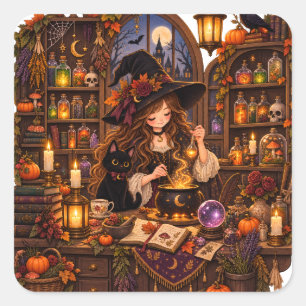 Sticker Carré Apothicaire de sorcière cosy pour Halloween