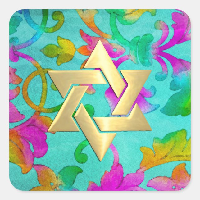 Sticker Carré Aqua bat mitzvah et Damask Aquarelle rose (Devant)