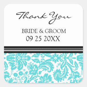 Sticker Carré Aqua Black Damask Merci Wedding Favor Tags