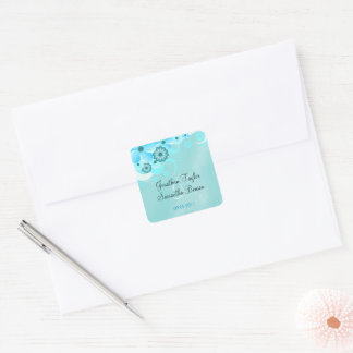 Sticker Carré Aqua Bleu Fleur Économisez La Date Favoriser Stick
