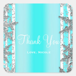 Sticker Carré Aqua Bleu & Flocons de Neige Hivernaux Argentés Él