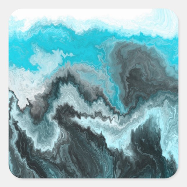Sticker Carré Aqua Blue Grey et Black Waves Art moderne Abstrait (Devant)