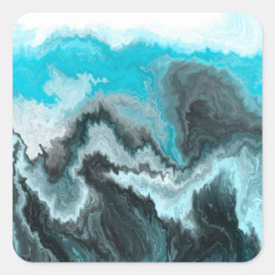 Sticker Carré Aqua Blue Grey et Black Waves Art moderne Abstrait