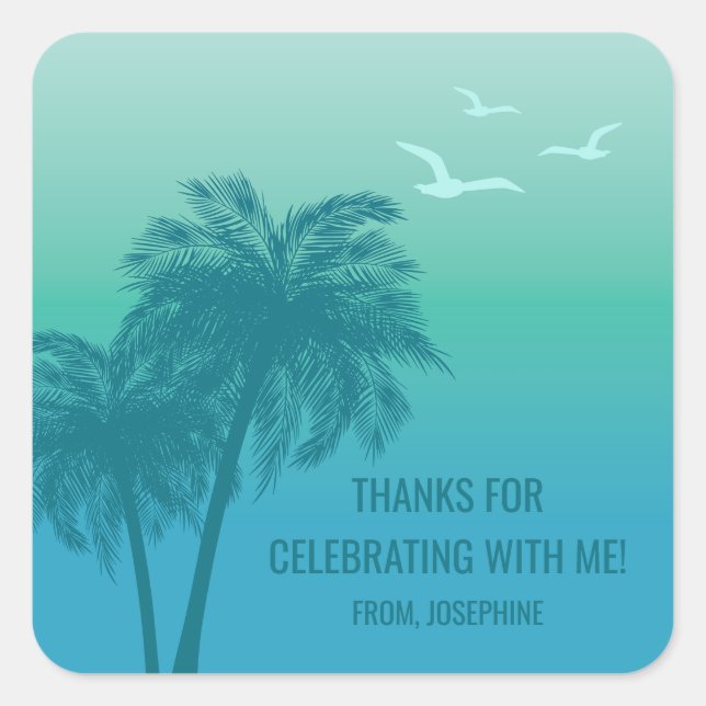 Sticker Carré Aqua Blue Tropical Palm Trees Birthday Thank You (Devant)