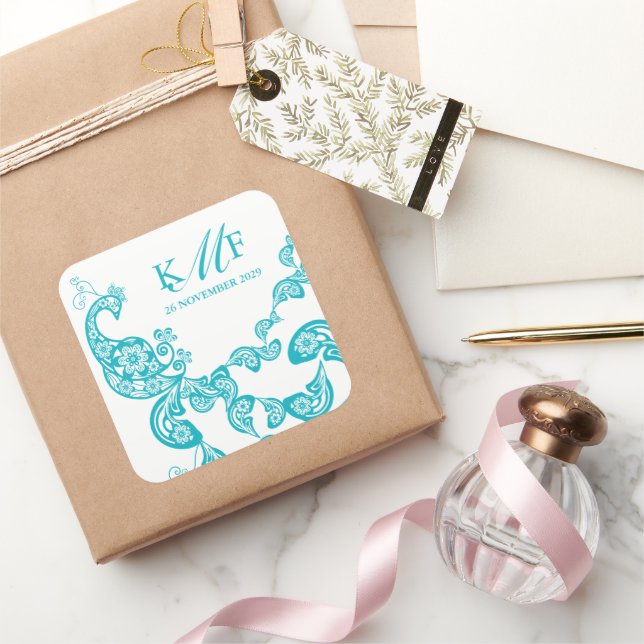 Sticker Carré Aqua Floral Paisley White Peacock Wedding Favorise (Cadeaux)