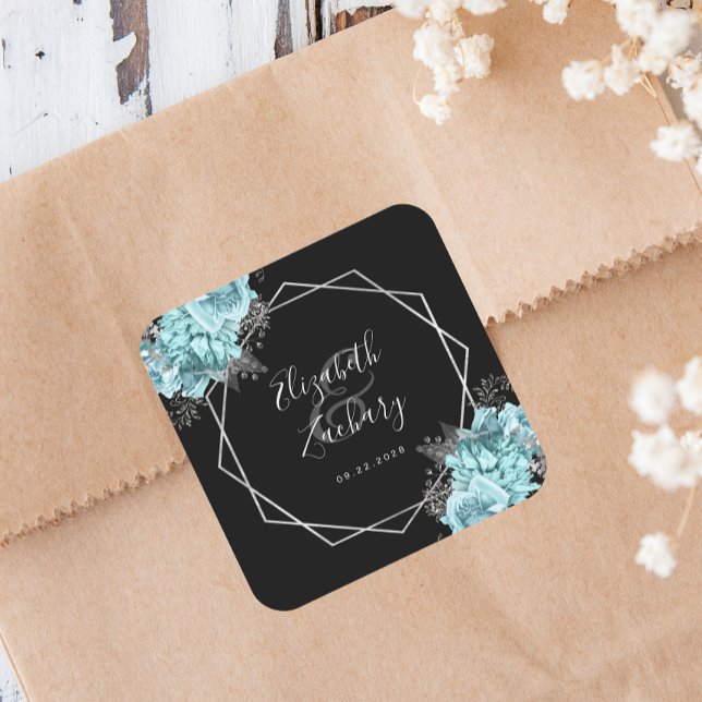 Sticker Carré Aqua Floral Silver Geometric Black Wedding (Créateur téléchargé)