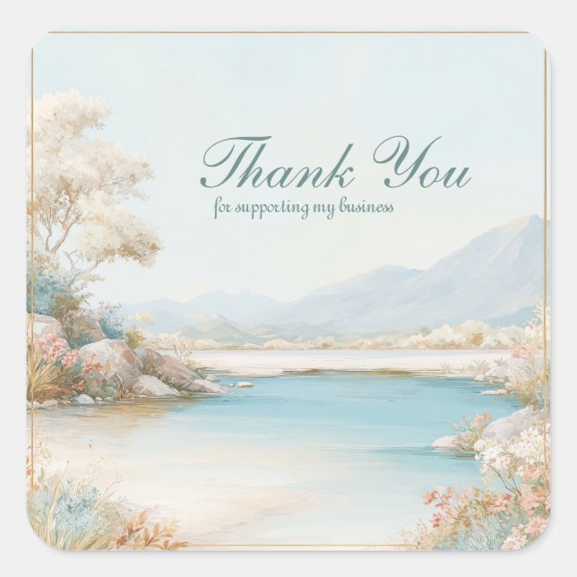 Sticker Carré Aqua Lake Pastel Landscape Wildflower Gold Frame (Devant)