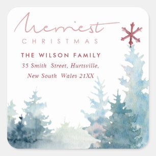 STICKER CARRÉ AQUA PINK SNOWY FOREST STAR PINE CHRISTMAS ADRESSE