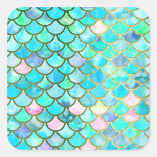 Sticker Carré Aqua Turquoise bleu aquarelle Mermaid Scales Motif
