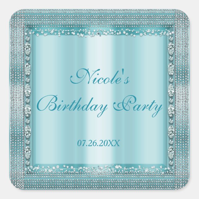Sticker Carré Aqua Turquoise Blue & Silver Diamond Bling Party F (Devant)