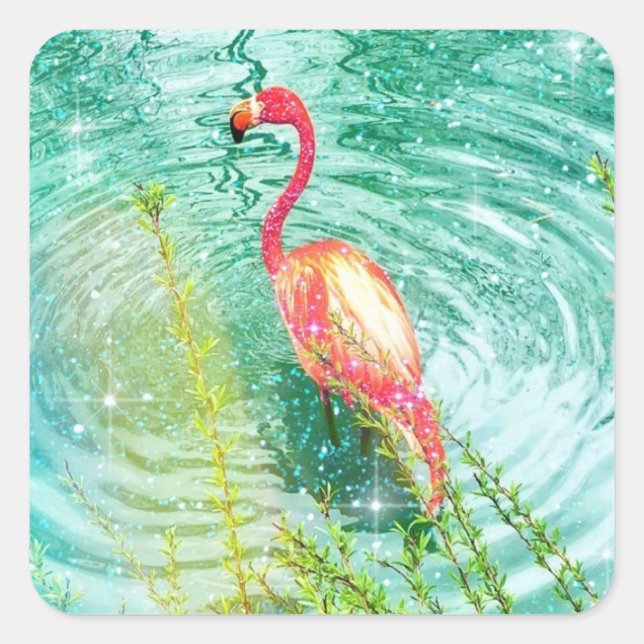 Sticker Carré aqua turquoise rose flamingo parties scintillant f (Devant)