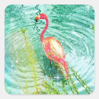 Sticker Carré aqua turquoise rose flamingo parties scintillant f