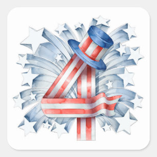 Sticker Carré Aquarelle 4 juillet étoiles Casquette Vacances